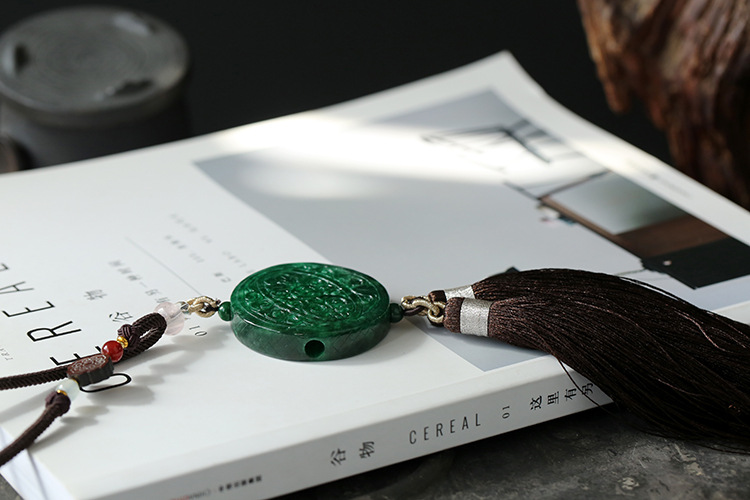 Natural jade dry green round plate, hollowed-out ruyi tassel, car, bag, key, ancient and traditional Chinese style waist accessories, Hanfu pic 7