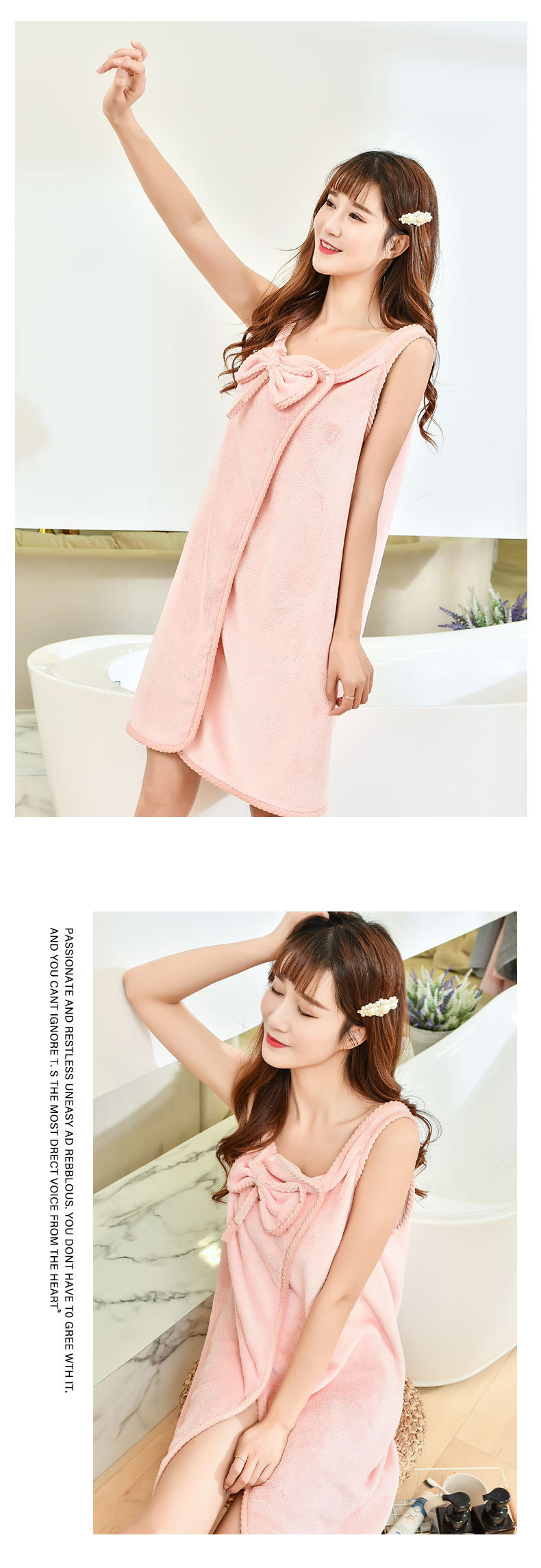 The warp knitted polyester fabric is soft and skin-friendly. It can be worn as a halter bath dress, a water-absorbing and cute bow bath towel, and a versatile bath towel and bathrobe pic 10