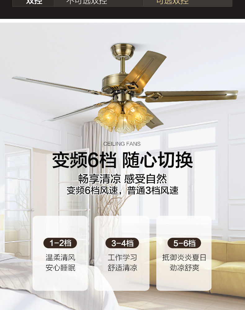 Industrial ceiling fan lights, European-style wood leaf bedroom electric fan lights, retro living room chandeliers, iron leaf dining room fan lights pic 5