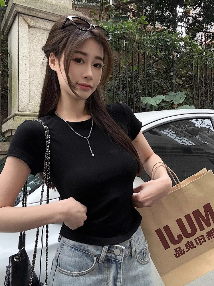 白色短袖打底衫内搭t恤女2024夏季新款显瘦修身辣妹短款正肩上衣详情23
