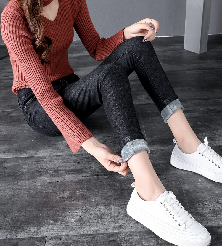 Winter fleece jeans for women, high-waisted, thick and warm Korean-style elastic slimming outerwear, small leg pants factory direct sales pic 25