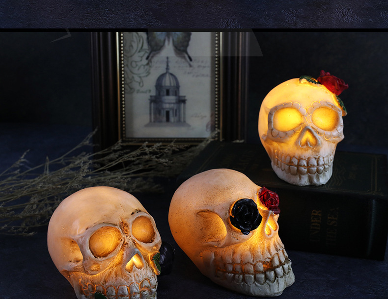 跨境新款万圣节发光树脂骷髅头LED恐怖骷髅装扮道具万圣节装饰品详情12