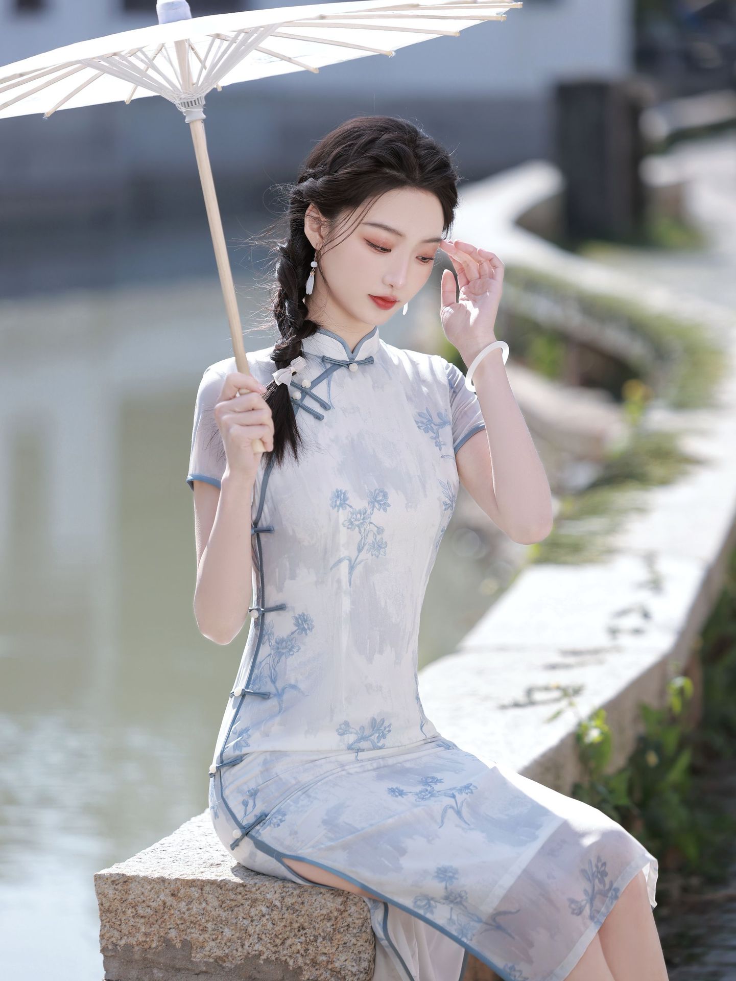 New Chinese-style traditional Chinese dress chiffon girl blue elegant cheongsam 2023 Spring/Summer New style improved cheongsam pic 9