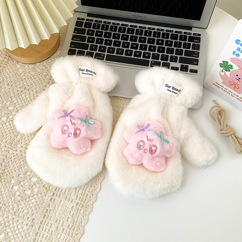 可爱卡通星星手套少女心加厚毛茸茸冬季加绒保暖连指骑车开车围巾详情14