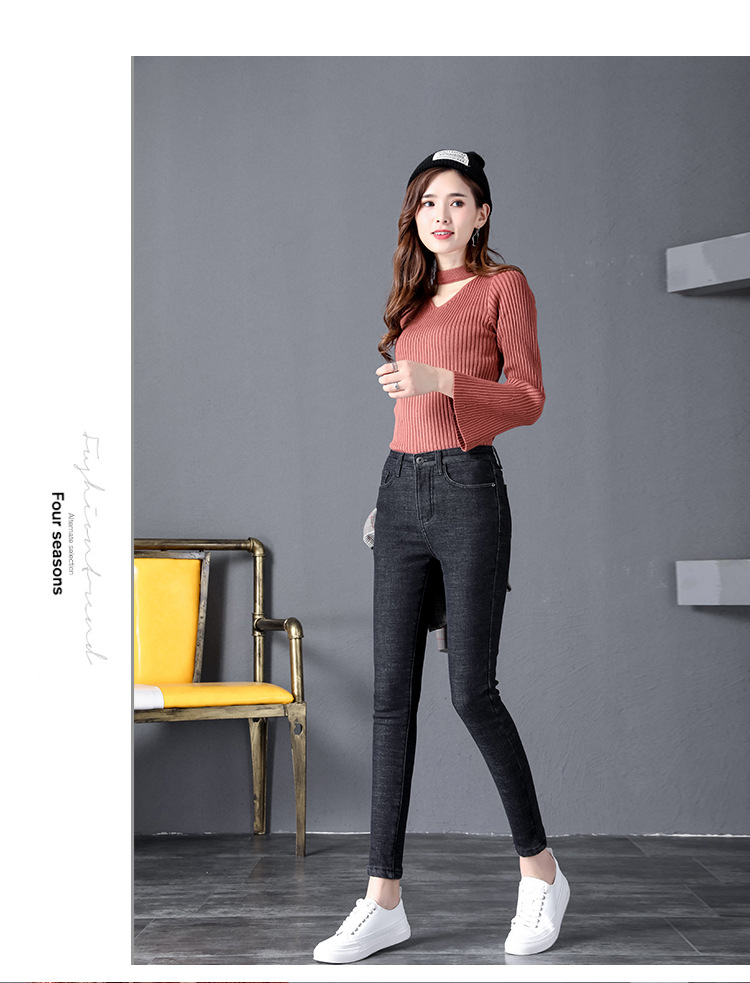 Winter fleece jeans for women, high-waisted, thick and warm Korean-style elastic slimming outerwear, small leg pants factory direct sales pic 24