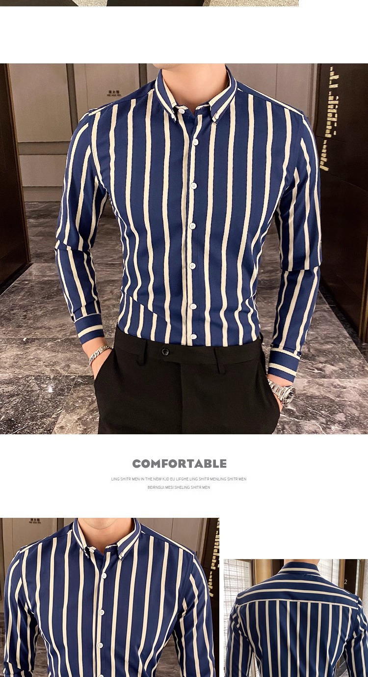 2025春季新款时尚条纹男士长袖衬衫显瘦韩版时尚修身青年帅气衬衣详情11