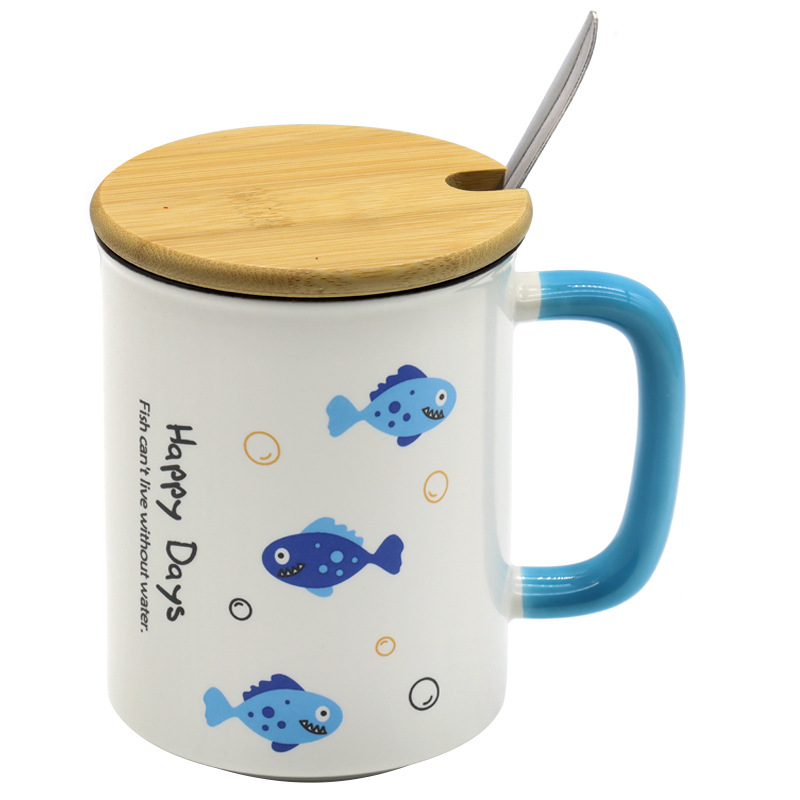 卡通陶瓷马克杯带竹盖带柄勺套装创意蓝色小鱼陶瓷杯时尚早餐杯家用办公室休闲杯个人商务礼品详情2