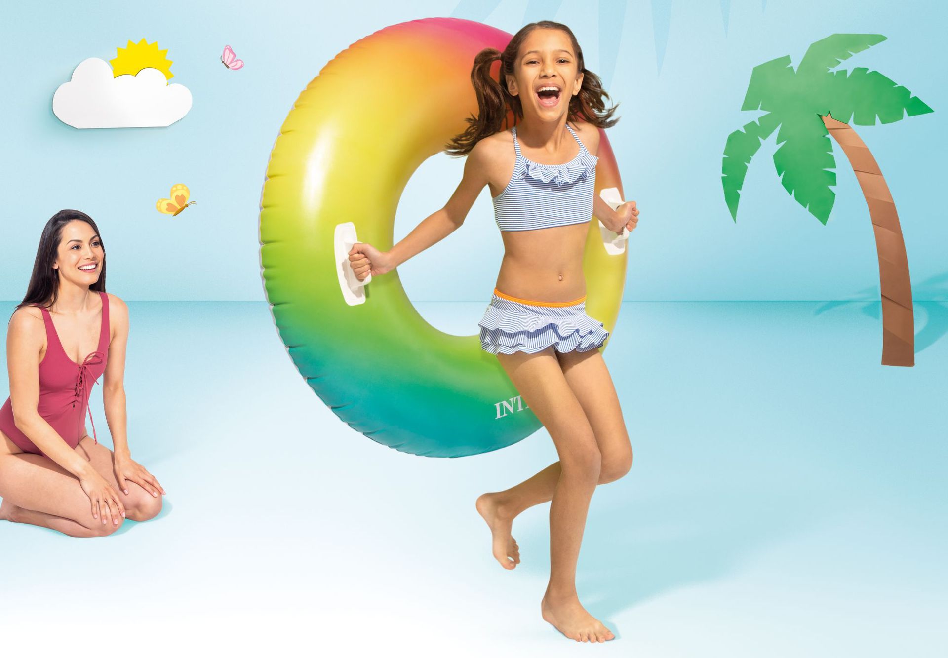 INTEX rainbow gradient swimming ring, adult swimming ring, inflatable thickened life ring, floating on water, inflatable life-saving pic 7