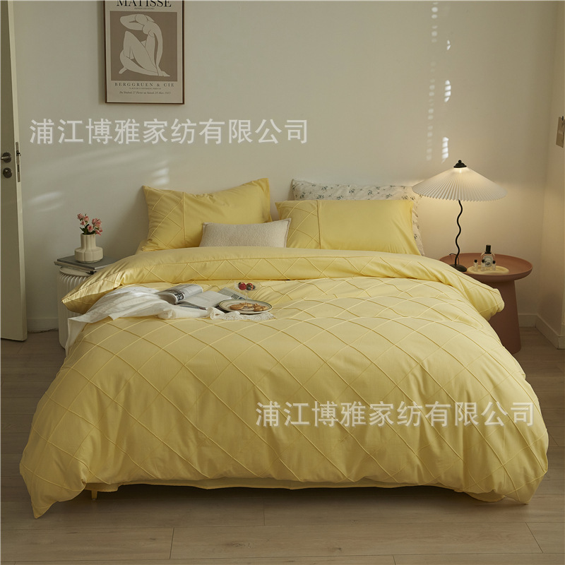 Wholesale of high-quality three or four-piece sets of washed cotton 40-count hand-knitted rhombus-shaped checkered plain pure cotton bedding pic 32