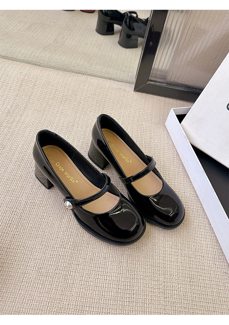 苏茵茵人间芭比韩国圆头珍珠红色粗跟单鞋玛丽珍鞋女小皮鞋详情36