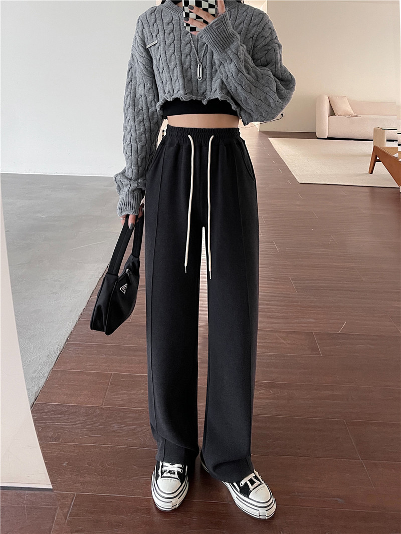 Black wide-leg pants for women in spring and autumn, high-waisted, sagging straight-leg casual pants for slimming, versatile, floor-length, fleece snowflake glutinous rice pants pic 14