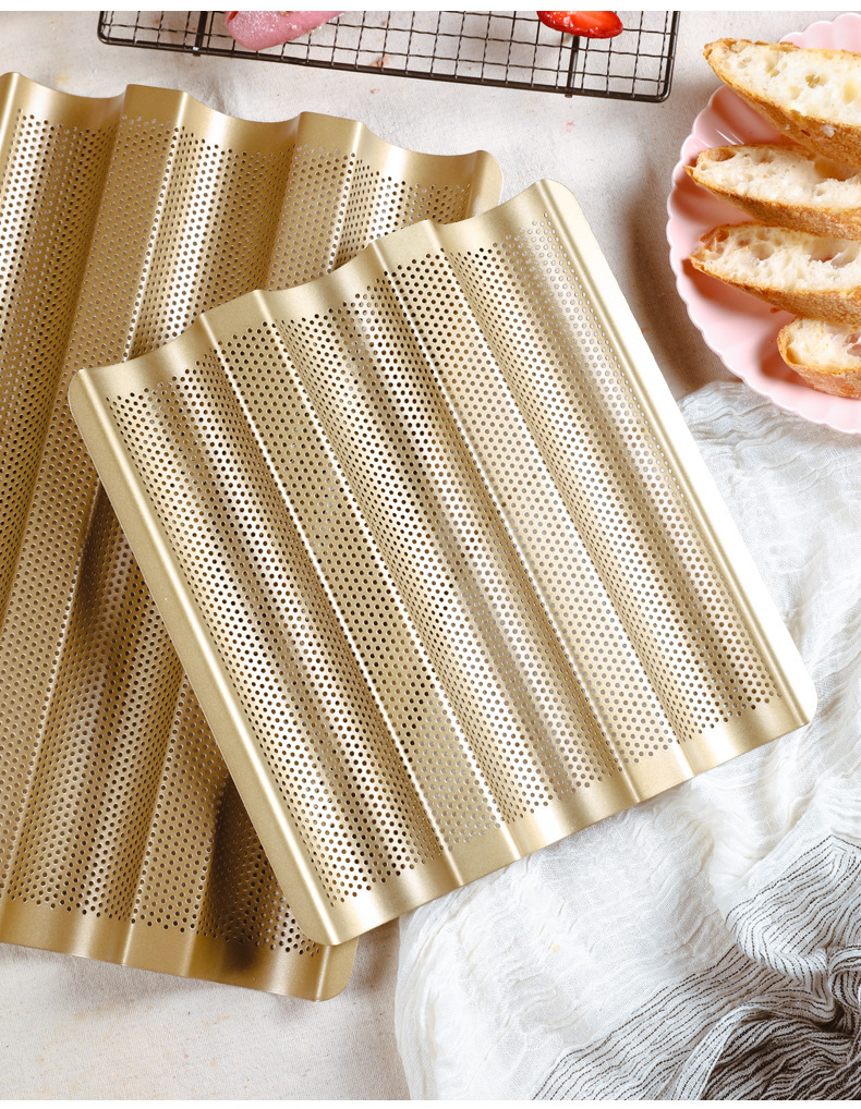 金色法棍模具不粘3槽大号法棒模亚马逊波浪法条式长条面包烤盘架详情15