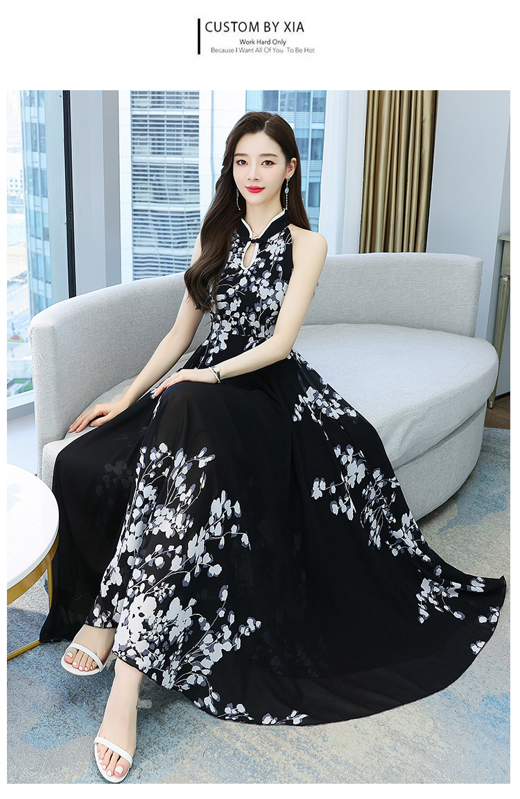 改良旗袍连衣裙女2022夏季新款时尚洋气削肩年轻款中国风水墨印花详情29