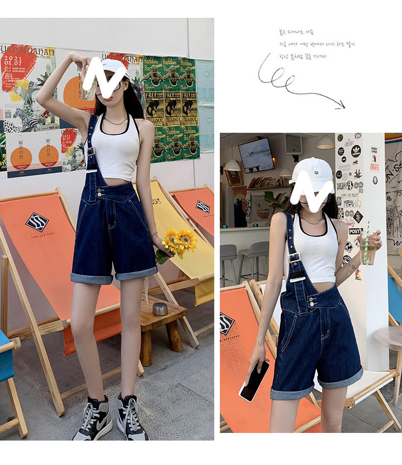 Summer retro salt single-shoulder overalls for women 2021 new style fashionable and youthful thin denim shorts, Korean style loose pic 14