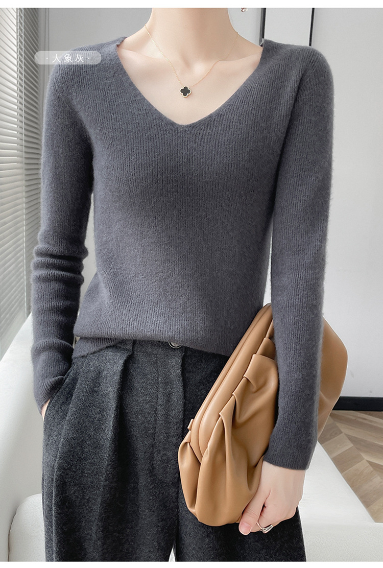 A seamless 100 pure wool sweater for women with a V-neck, slimming and form-fitting look. Pair it with a cashmere base knitted sweater for winter pic 27