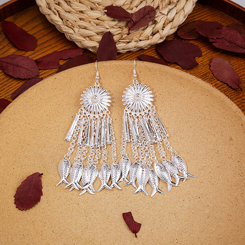 European and American Bohemian long tassel stud earrings, retro ethnic style Miao silver earrings, geometric round small fish earrings pic 11