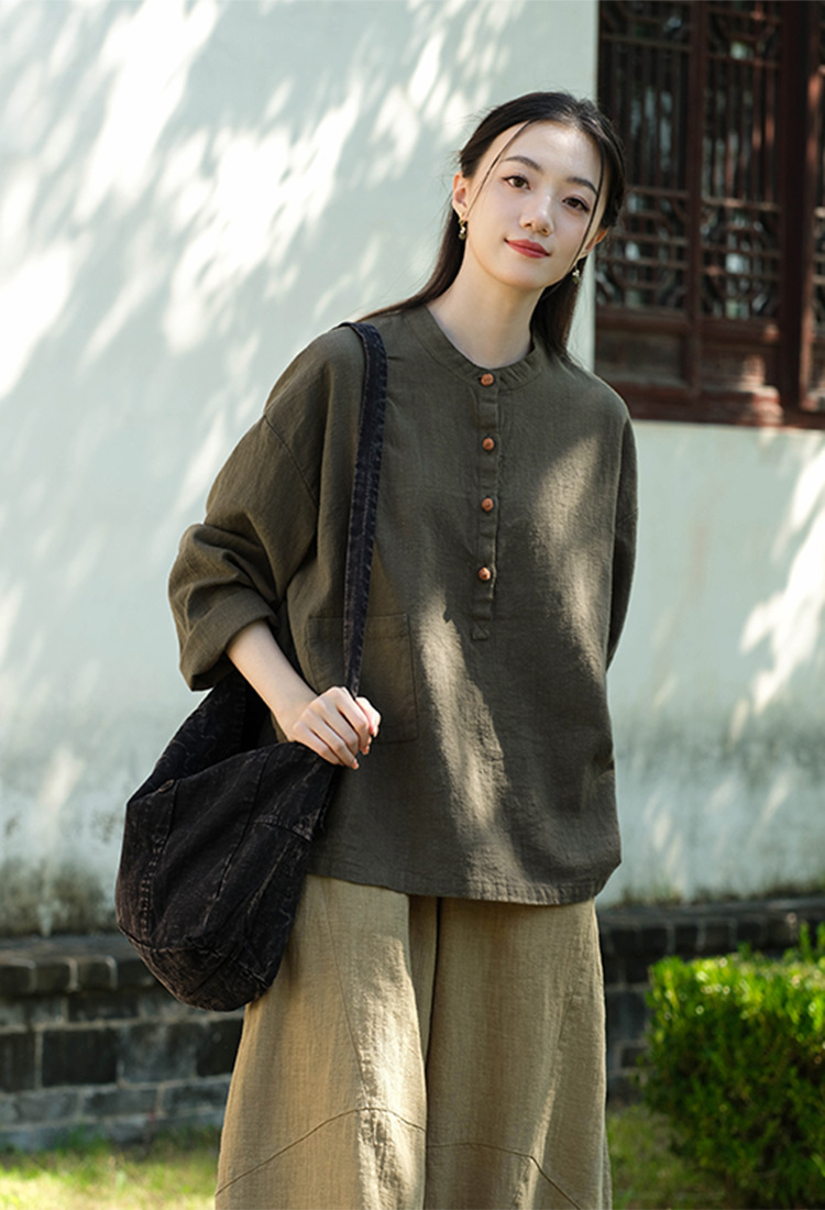 2024春夏棉麻女装新品亚麻立领拼色盘扣套头大码上衣女式棉麻衬衫详情18