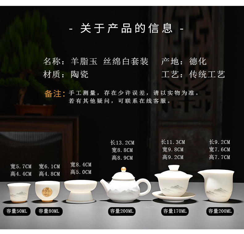 High-end kung Fu tea set, household light luxury sheep fat jade gilded covered bowl teapot tea set, complete set wholesale pic 9