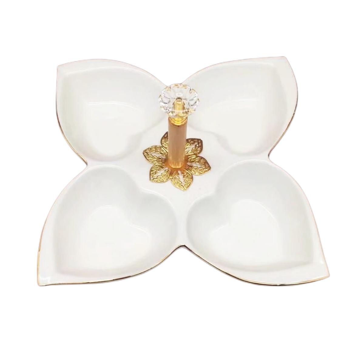 A pure white petal-shaped fruit platter with electroplated gold and multiple compartments, a hand-held restaurant banquet food platter pic 16