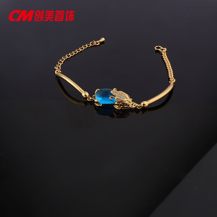 Chuangmei Jewelry Amazon cross-border European and American imitation sapphire bracelets, emerald-plated 24K gold PI Xiu bracelets for women pic 5