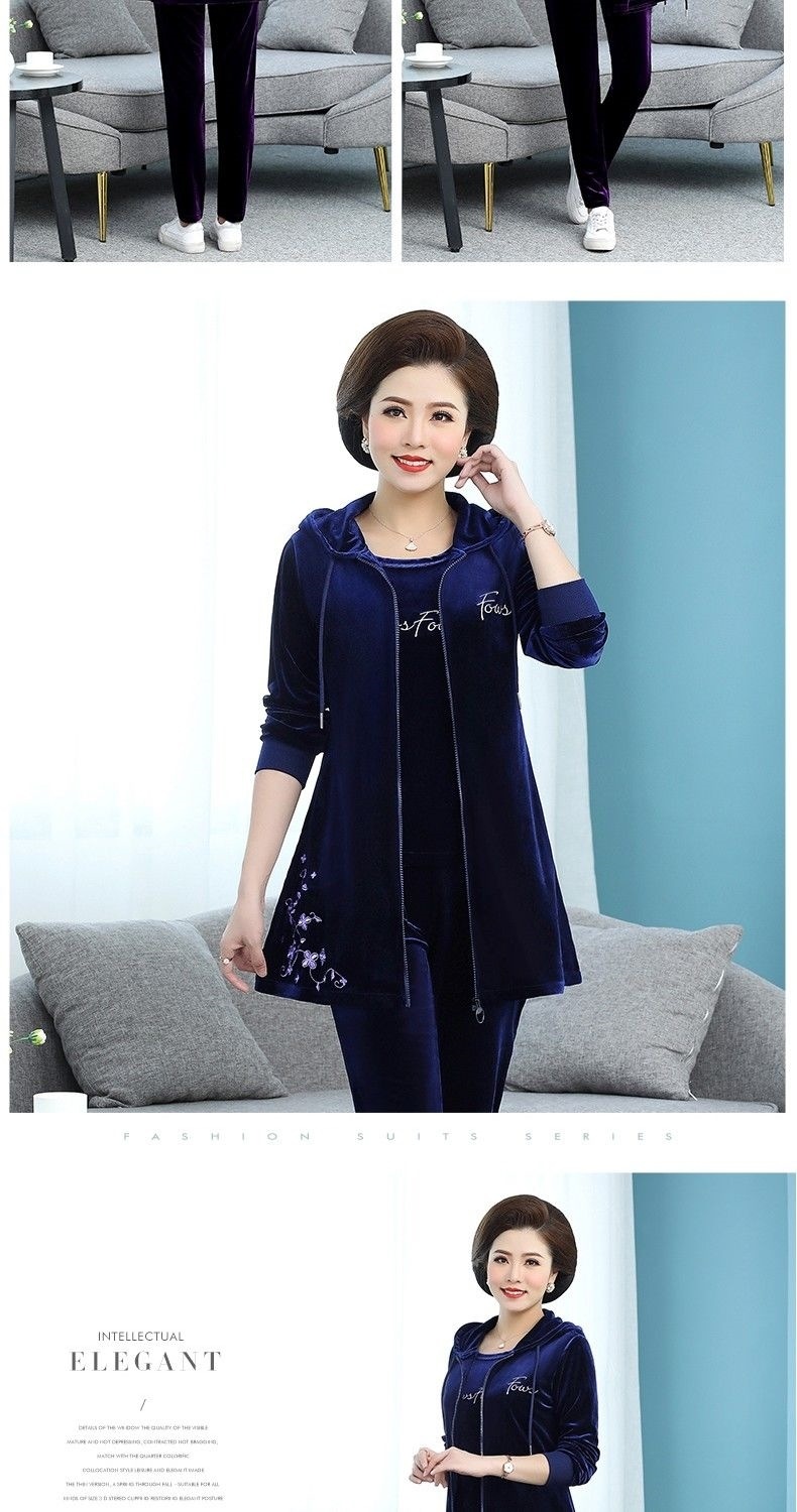 Middle-aged casual set for women in autumn, stylish, long velvet coat for middle-aged and elderly people, and a three-piece set for moms pic 10