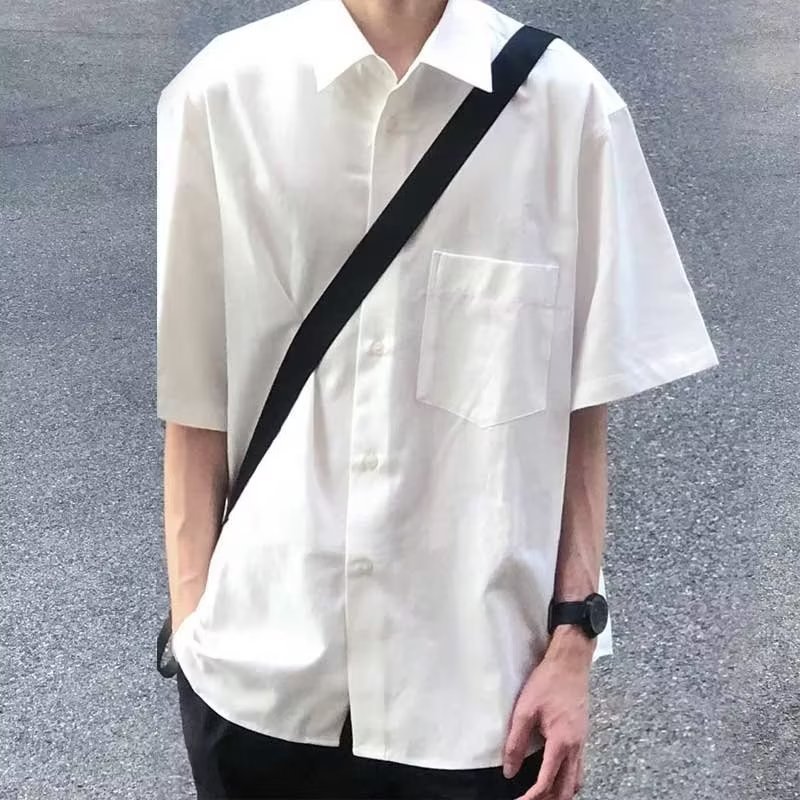2023新款夏季痞帅宽松纯白色高级感衬衫男士短袖休闲衬衣一件代发详情5