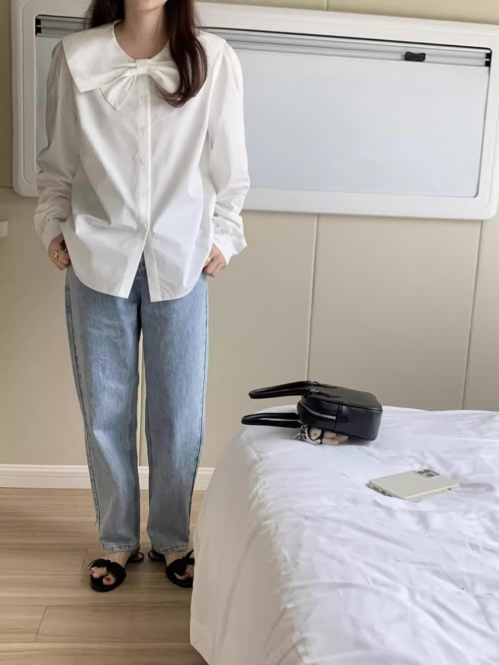 韩系设计感小众蝴蝶结娃娃领白色衬衫女2024春秋新款内搭别致上衣详情2