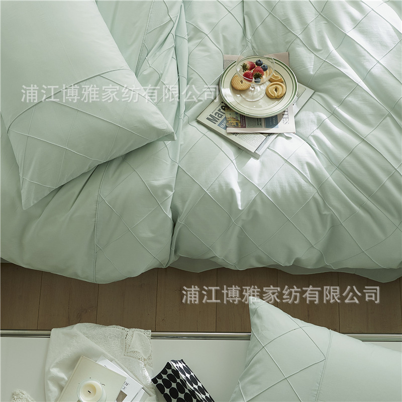 Wholesale of high-quality three or four-piece sets of washed cotton 40-count hand-knitted rhombus-shaped checkered plain pure cotton bedding pic 54
