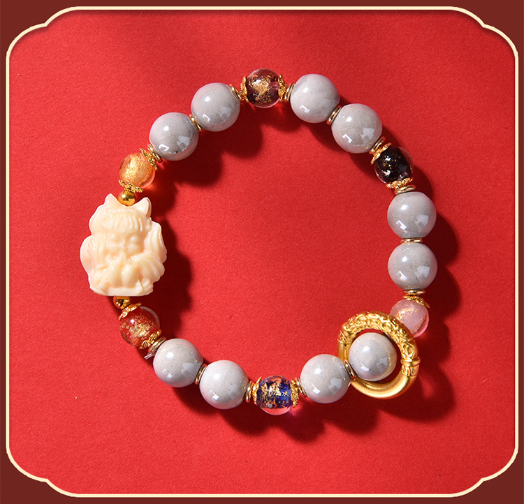 北京九尾狐香灰琉璃手串瓷陶瓷手链国潮宫廷风礼物粉晶编织详情10