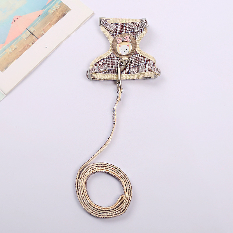 Wholesale of cartoon cute cat I-shaped chest and back straps, durable pet leashes, pure cotton webbing cat chains pic 9