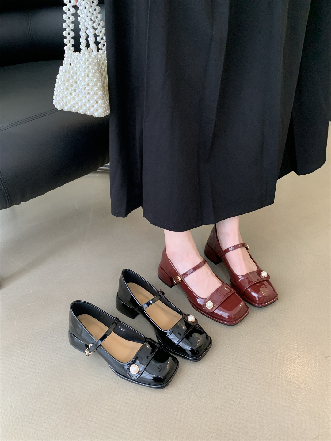 2023秋季新款时尚方头珍珠小香风纯色玛丽珍粗跟百搭时装单鞋女详情26