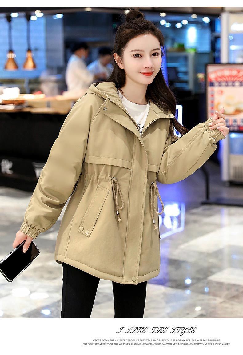 加绒加厚中长款风衣女2022新款韩版百搭小个子宽松连帽棉服外套女详情21
