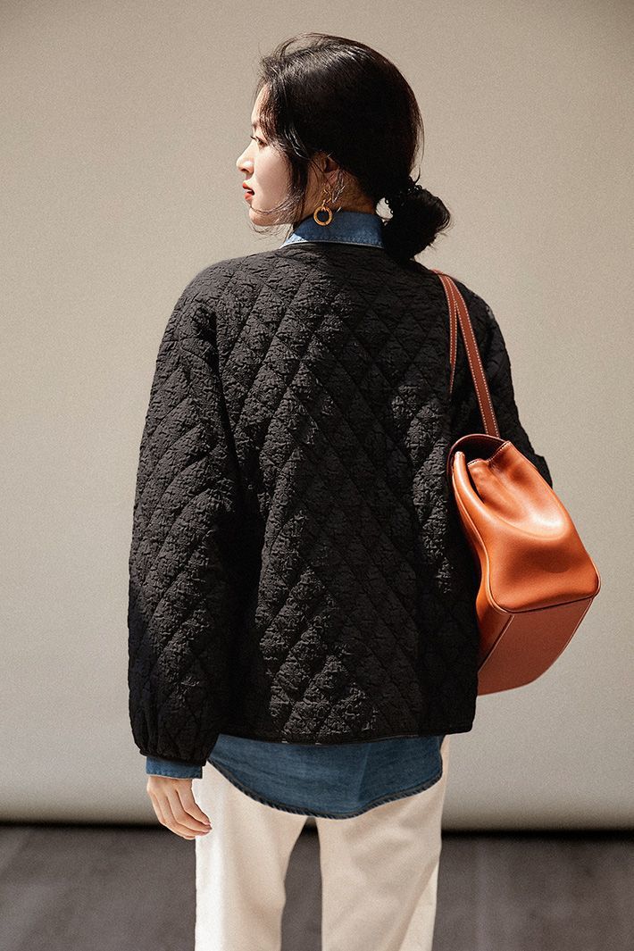 设计感菱形棉衣女V领轻薄好叠穿小香风棉服外套2022秋冬款详情5