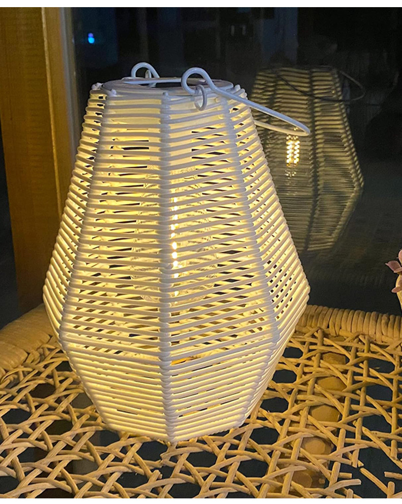 Outdoor solar lamp atmosphere decoration white lantern with handle imitation rattan weaving waterproof creative solar charging lamp pic 3