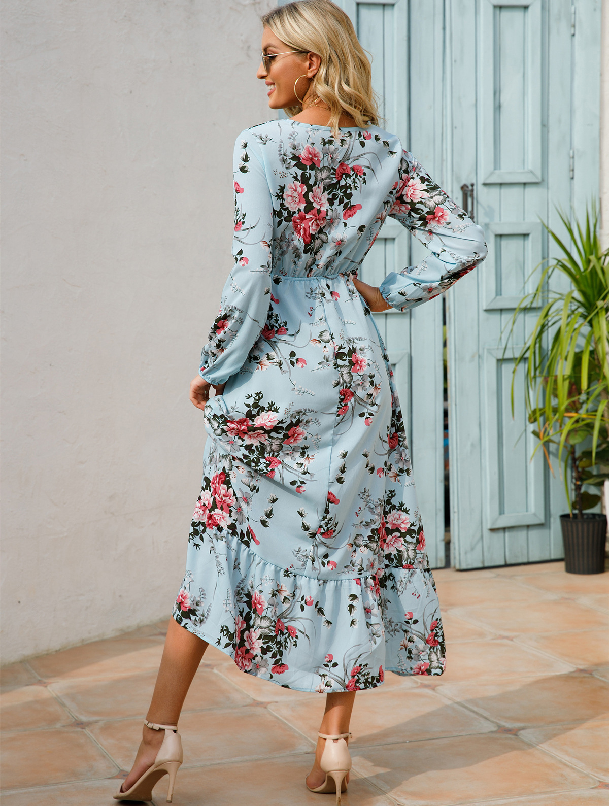 European and American floral long, round-neck, long-sleeved, waist-cinching and slimming dress pic 18