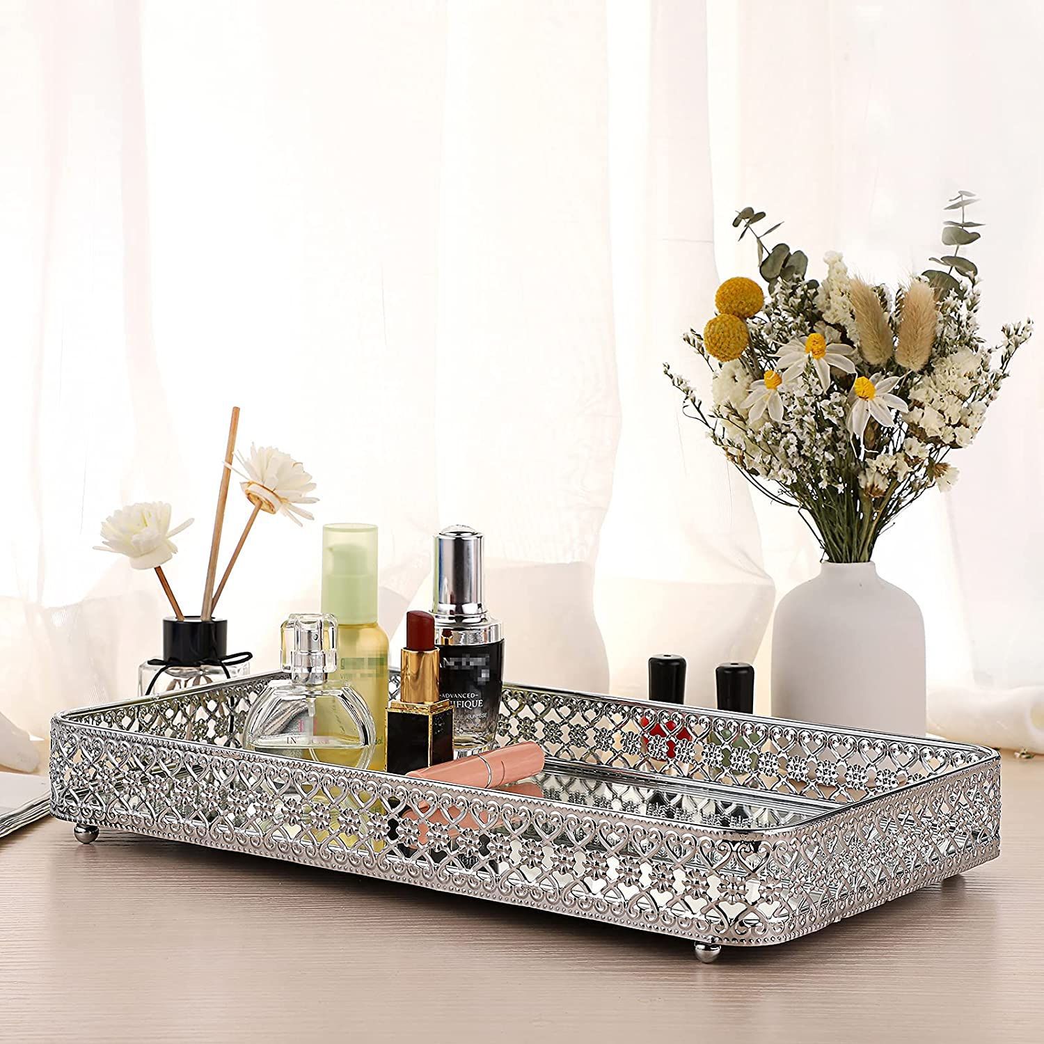 香水镜子托盘化妆梳妆台托盘空心雕刻珠宝饰品存储整理器装饰托盘详情5