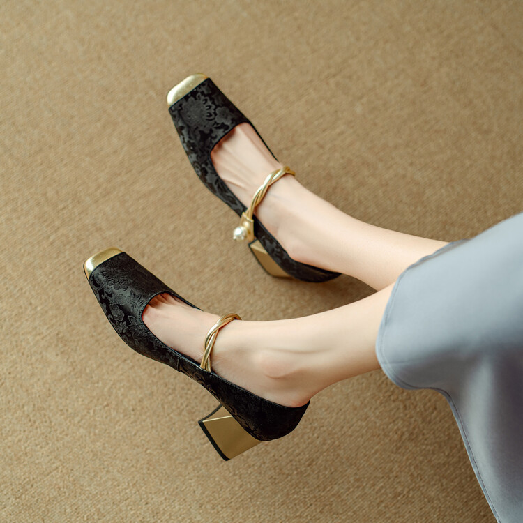 新中式国朝风单鞋2024春季新款百搭复古法式粗跟方头浅口女士单鞋详情65