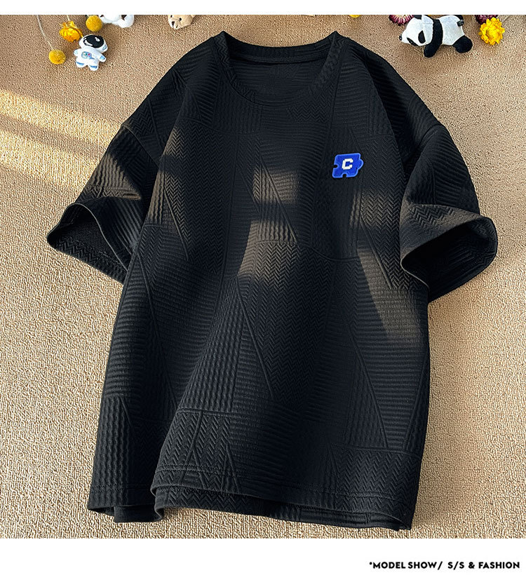 控48 夏港风重磅高克重圆领短袖华夫格男T恤休闲百搭小清晰详情11