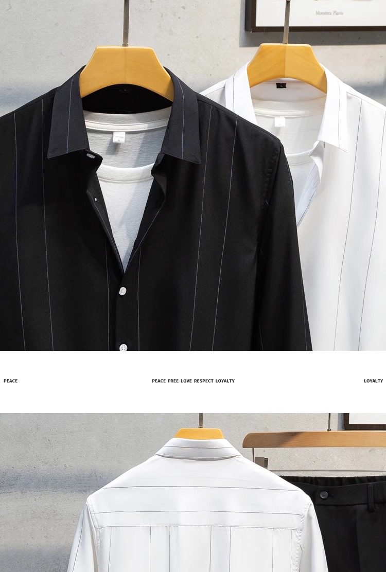 2025 hombre camisa manga larga casual coreano versión tendencia estiramiento delgado hermoso blusa blanca rayas top cool pic 8