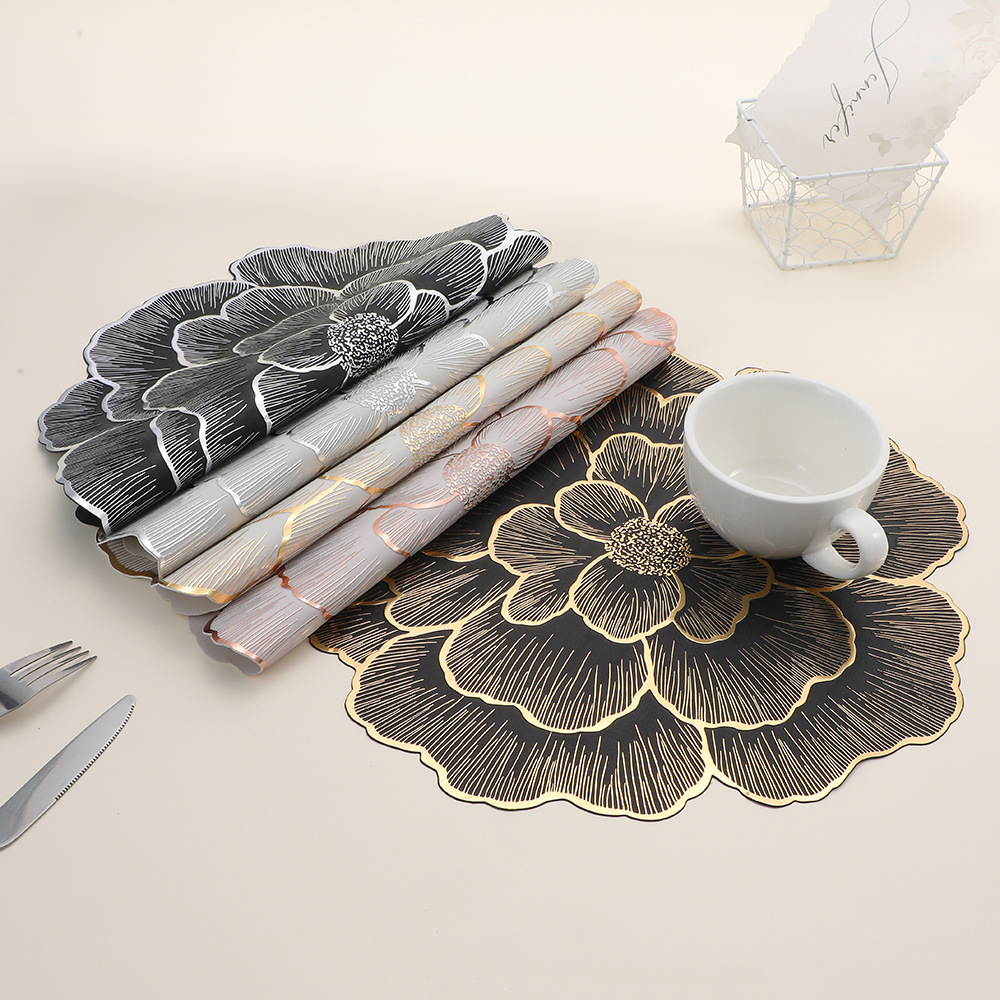 Foreign trade cross-border pvc gold-embossed placemats, heat-insulating table MATS, hotel and restaurant waterproof oil solid bottom rose Western placemats pic 3