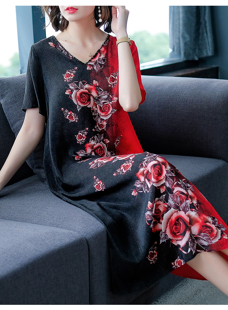 批发V领印花连衣裙女2021夏季新款阔太太大码遮肚桑蚕丝裙子潮详情17