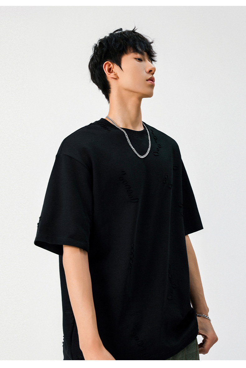 质感肌理不规则破洞短袖T恤男女夏季新款潮牌宽松情侣半袖体恤衫详情15