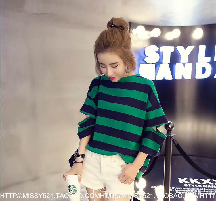 Korean-style slimming striped loose and versatile pullover, round-neck open-top 5-quarter sleeve T-shirt pic 2