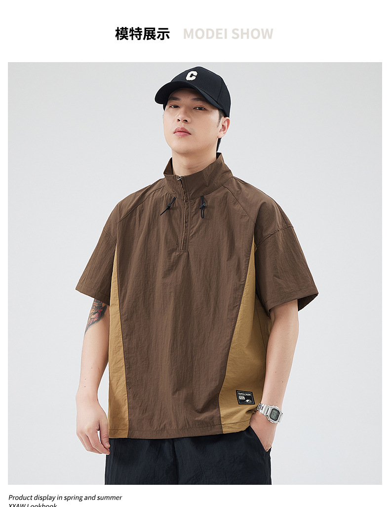美式工装短袖t恤男士夏季大码潮牌立领拉链体恤半袖男详情8