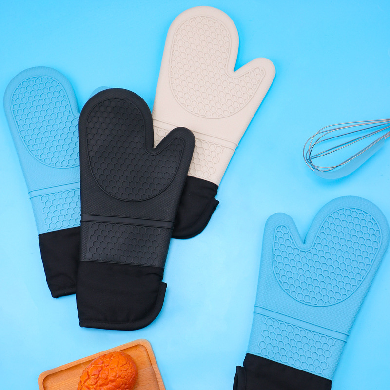 Silicone heat-insulating gloves, microwave oven high-temperature resistant, kitchen heat-resistant hand covers, thickened cotton anti-slip and waterproof oven gloves pic 11