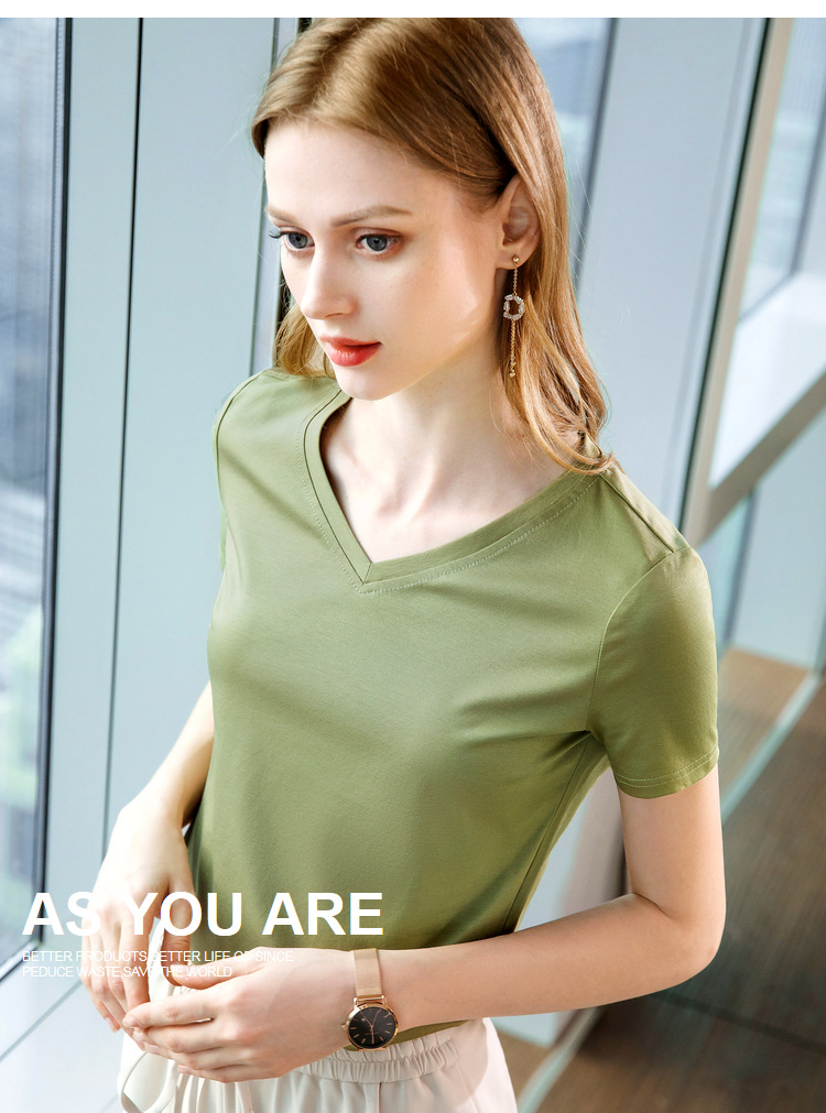 冰感丝光棉短袖t恤女2024新款女装气质v领纯棉体恤纯色高级感上衣详情38