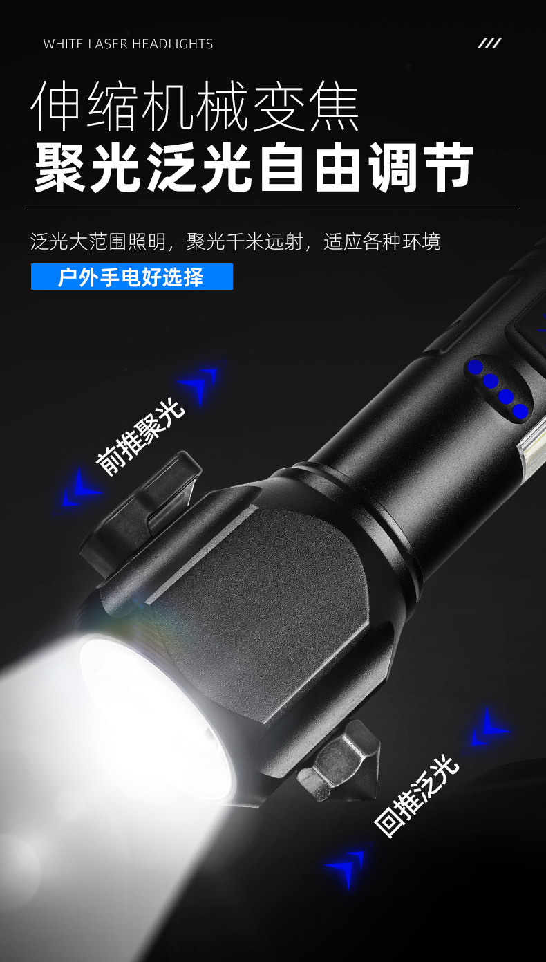 新款白激光手电筒户外选射LED多功能照明手电26650电池Type-C充电详情6
