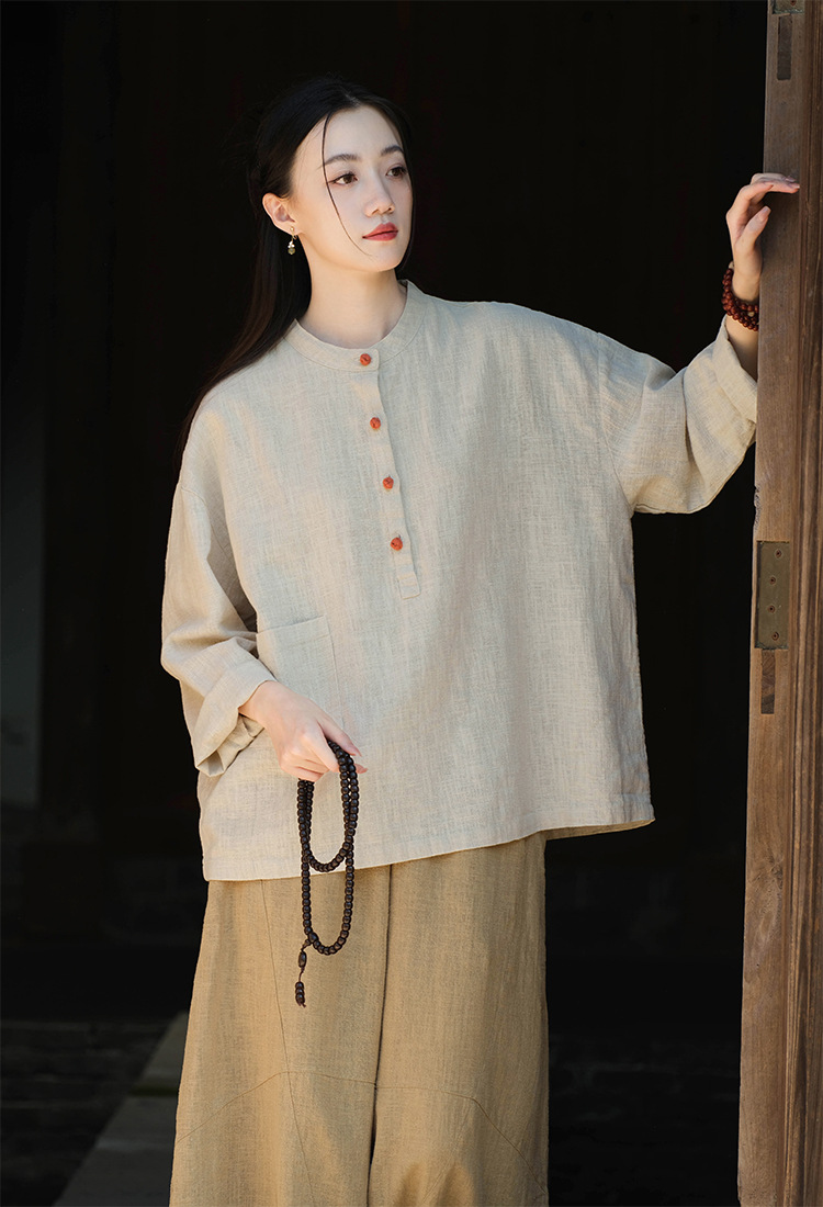 2024春夏棉麻女装新品亚麻立领拼色盘扣套头大码上衣女式棉麻衬衫详情10