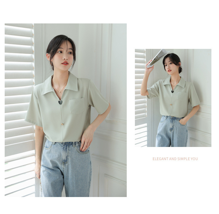 法式v领雪纺短袖衬衫夏季上衣设计感小众女式休闲风通勤气质衬衣详情19