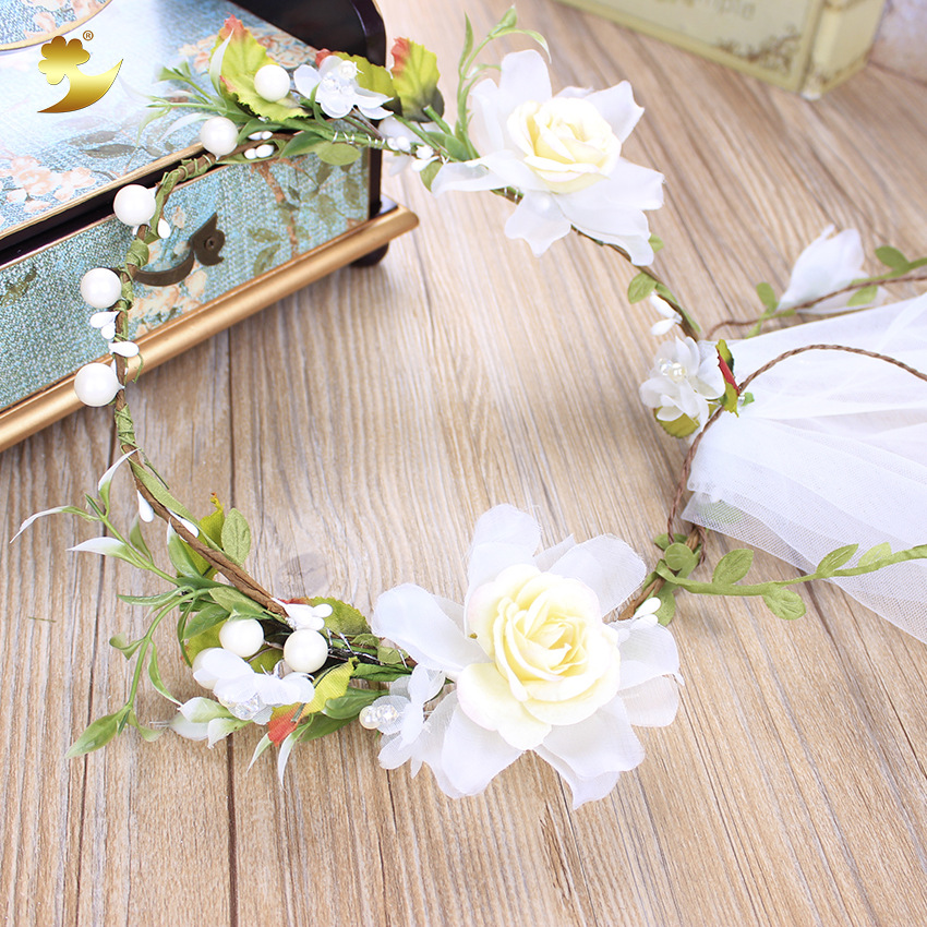 European and American flower wreath bridal veil, handcrafted white rose rattan flower wreath, seaside bridal flower wreath headwear in stock and wholesale pic 8